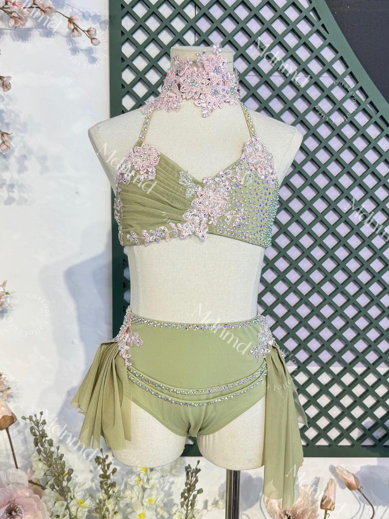 Custom Green Lyrical Dance Costume: Pink Floral & Crystal Embellishments Contemporary Costume