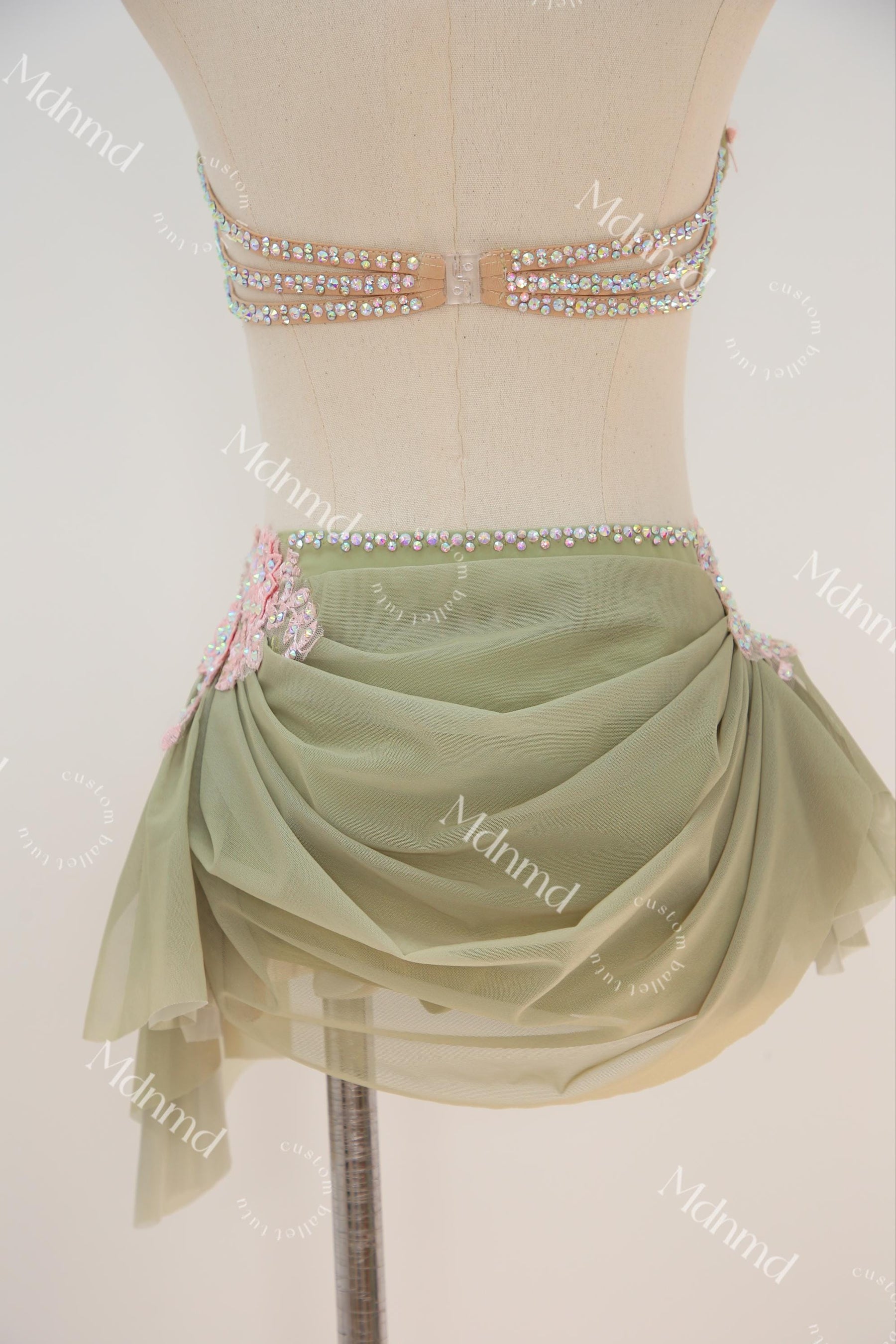 Custom Green Lyrical Dance Costume: Pink Floral & Crystal Embellishments Contemporary Costume