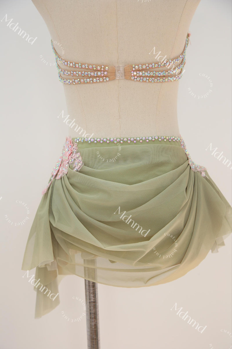 Custom Green Lyrical Dance Costume: Pink Floral & Crystal Embellishments Contemporary Costume