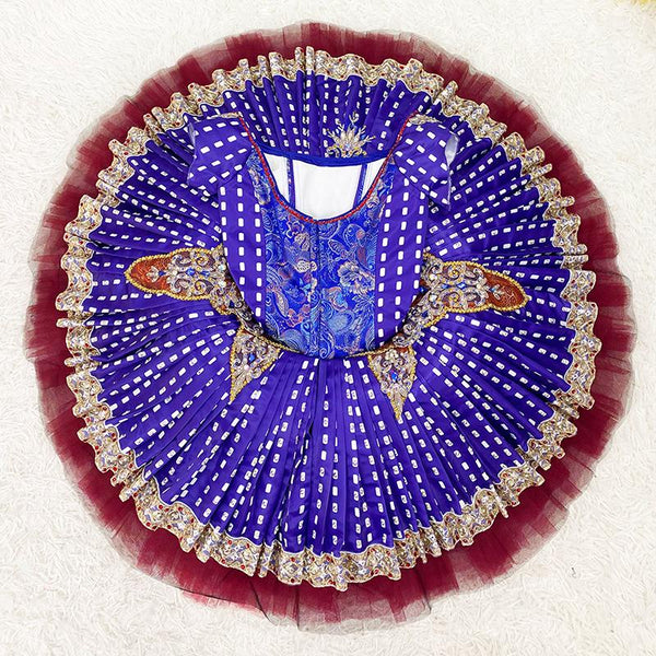 Handmade Royal Blue Ballet Tutu: Red and Gold Decorations, Professional Dance Costume