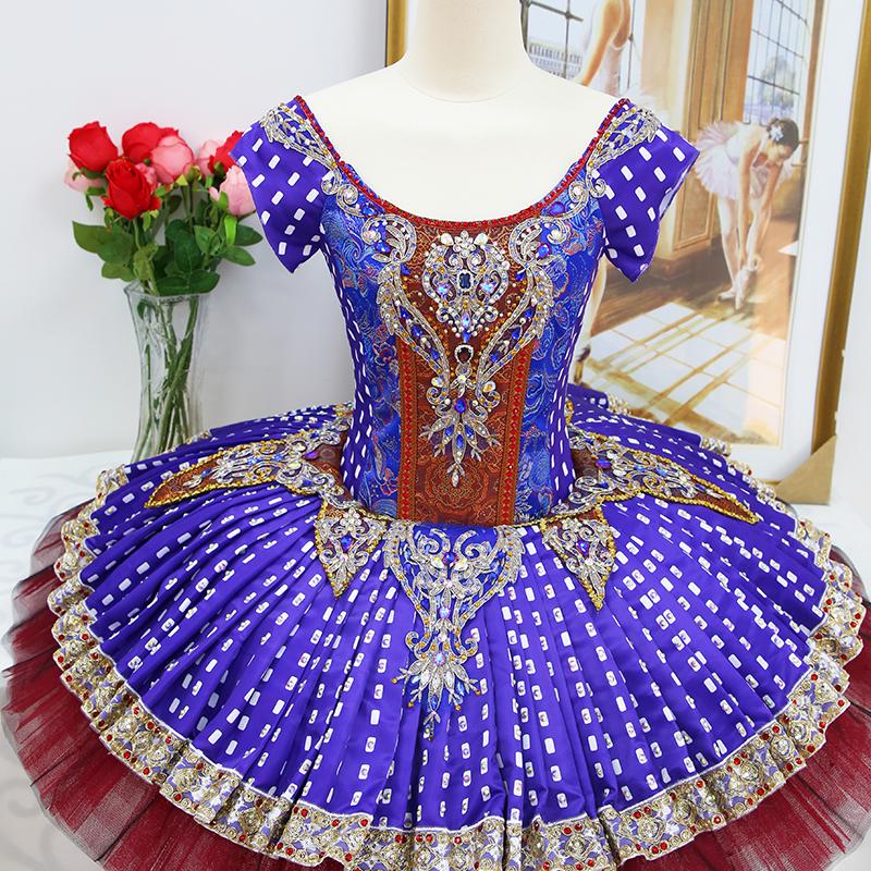 Handmade Royal Blue Ballet Tutu: Red and Gold Decorations, Professional Dance Costume