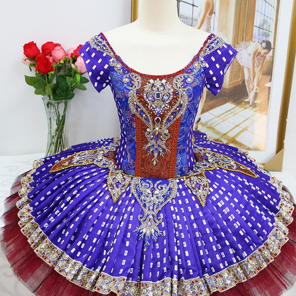 Handmade Royal Blue Ballet Tutu: Red and Gold Decorations, Professional Dance Costume
