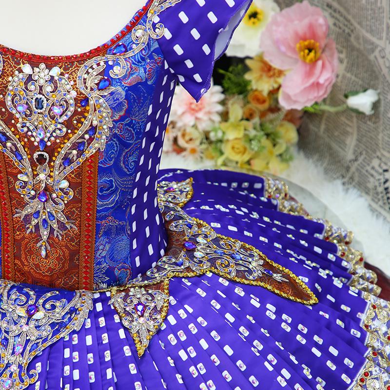 Handmade Royal Blue Ballet Tutu: Red and Gold Decorations, Professional Dance Costume