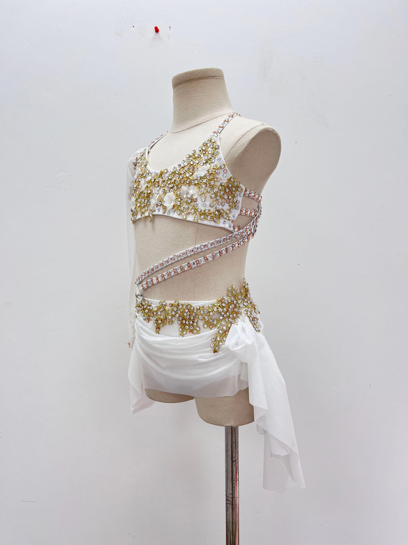 Handmade Lyrical Dance Costume: Gold Appliques, Crystals & Chains,Contemporary Costume