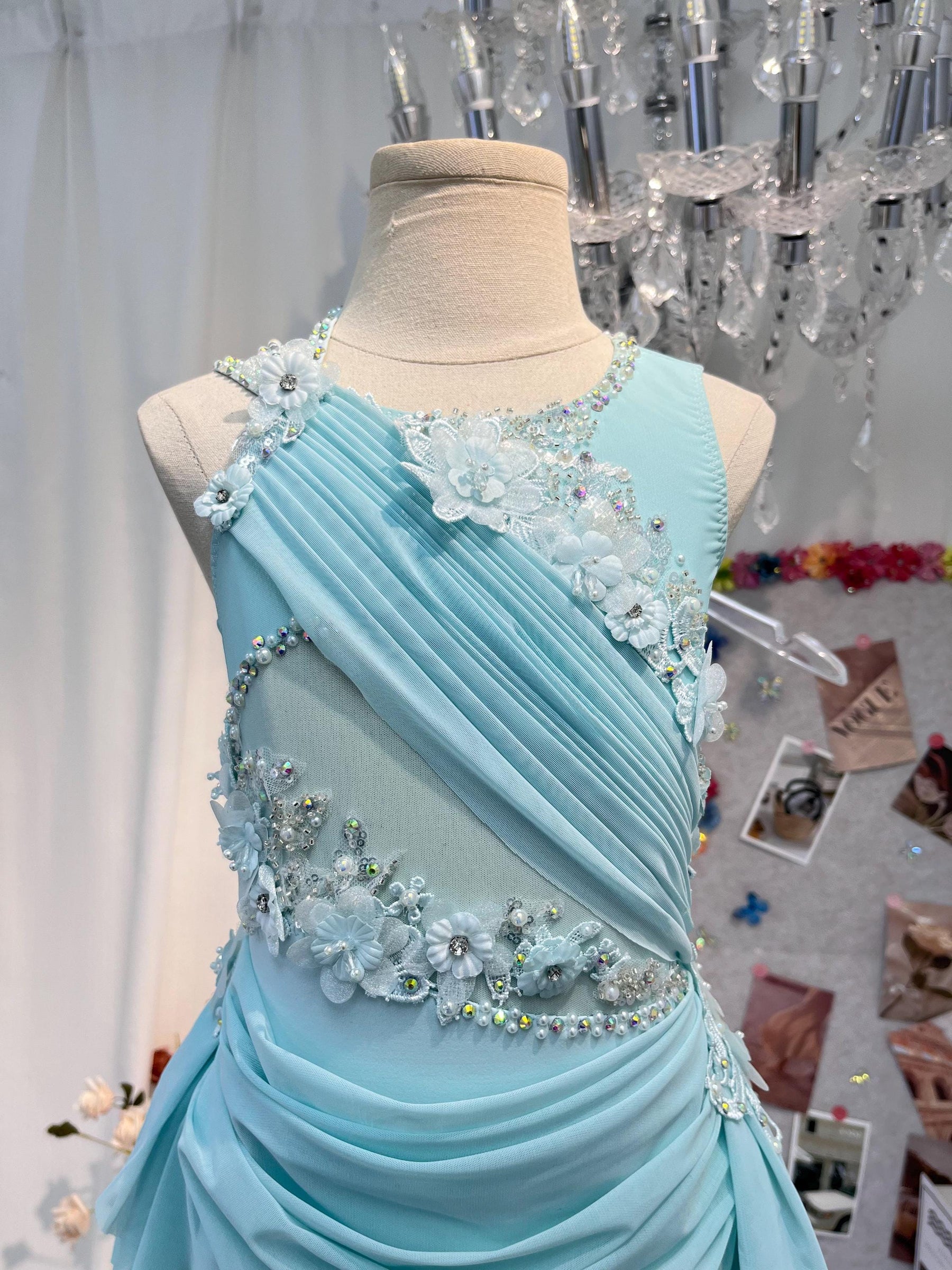 Handmade Contemporary Costume Baby Blue Lyrical Dance Costume: Diamond Performance Dress