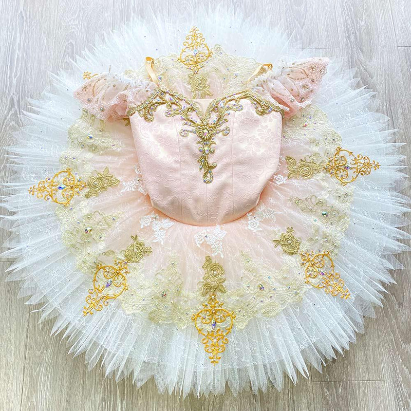 Custom Professional Ballet Tutu with Delicate Pink Satin and Gold Embellishments