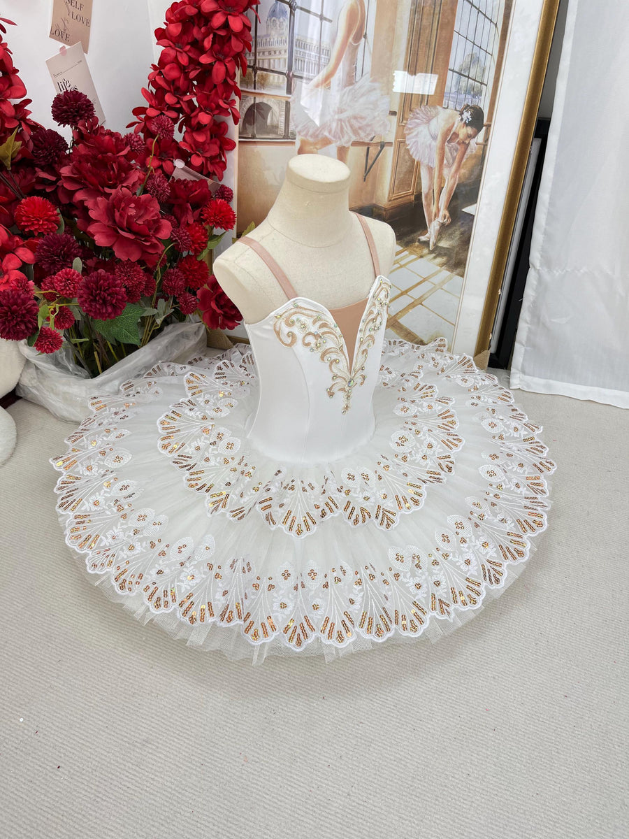 White Ballet Tutu: Gold Embroidered Stretch Costume