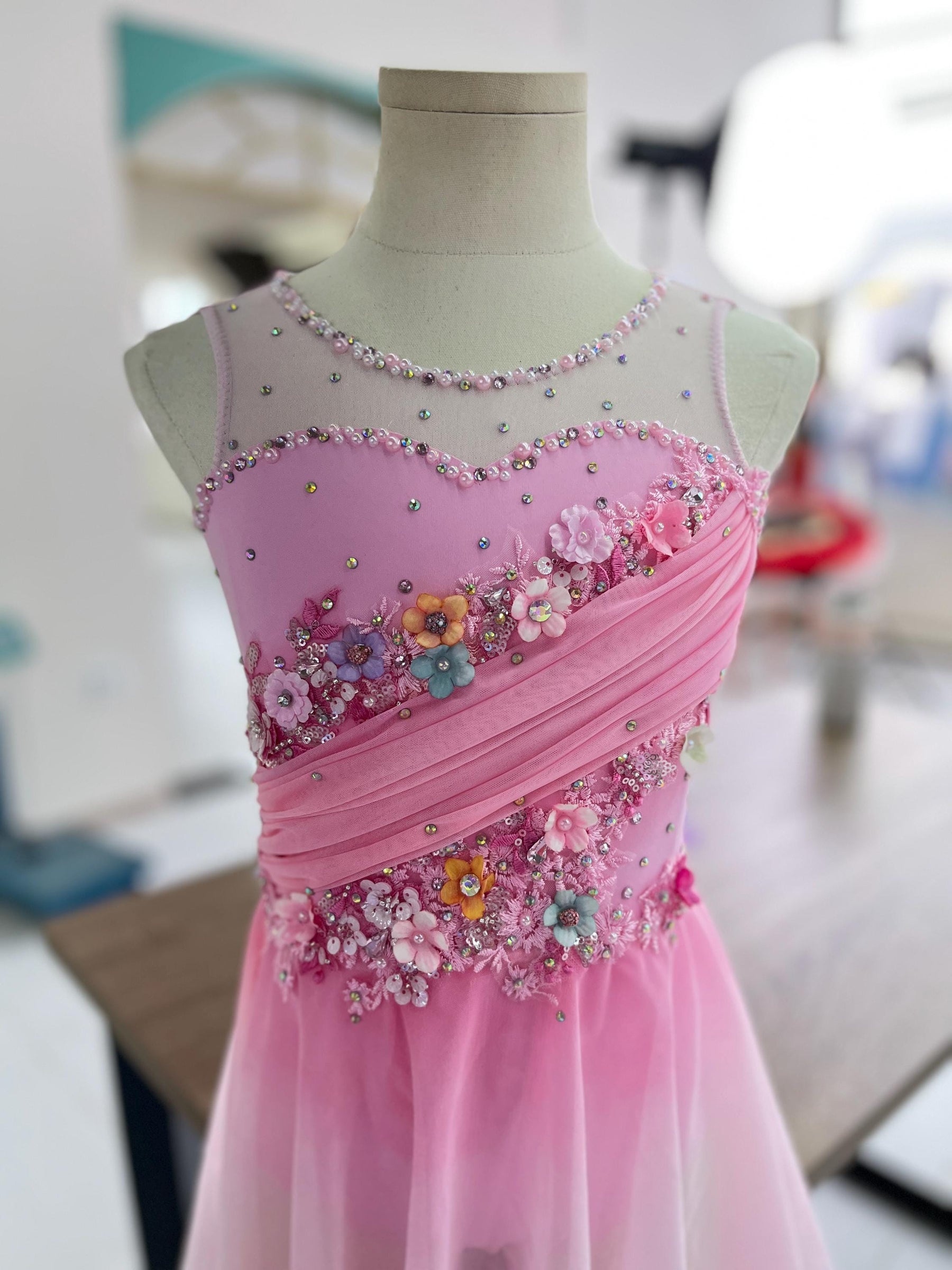 Custom Pink Contemporary Costume Lyrical Dance Dress: Handmade Floral & Swarovski Crystals