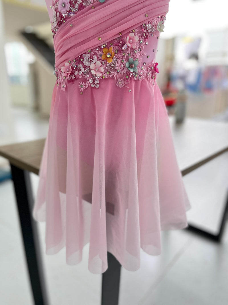 Custom Pink Contemporary Costume Lyrical Dance Dress: Handmade Floral & Swarovski Crystals