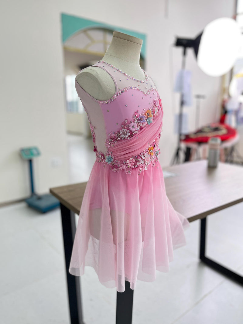 Custom Pink Contemporary Costume Lyrical Dance Dress: Handmade Floral & Swarovski Crystals