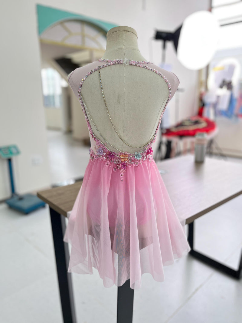 Custom Pink Contemporary Costume Lyrical Dance Dress: Handmade Floral & Swarovski Crystals