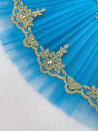 Blue Velvet Top Ballet Tutu Dress: Gold Embroidery, Stretchy Practice Dancewear