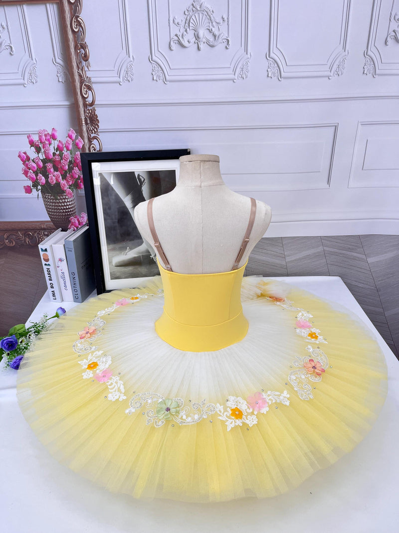 Handmade Swan Lake Ballet Gown: Lace Embroidery, Floral Design, Gradient Colors
