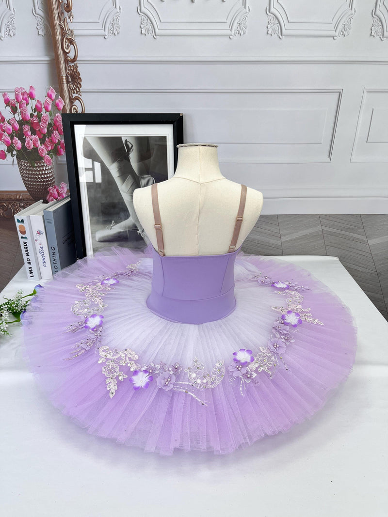 Handmade Swan Lake Ballet Gown: Lace Embroidery, Floral Design, Gradient Colors