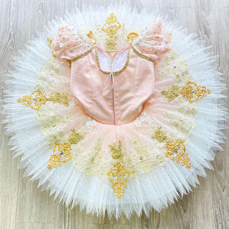 Custom Professional Ballet Tutu with Delicate Pink Satin and Gold Embellishments