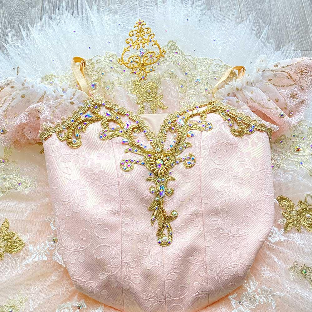 Custom Professional Ballet Tutu with Delicate Pink Satin and Gold Embellishments