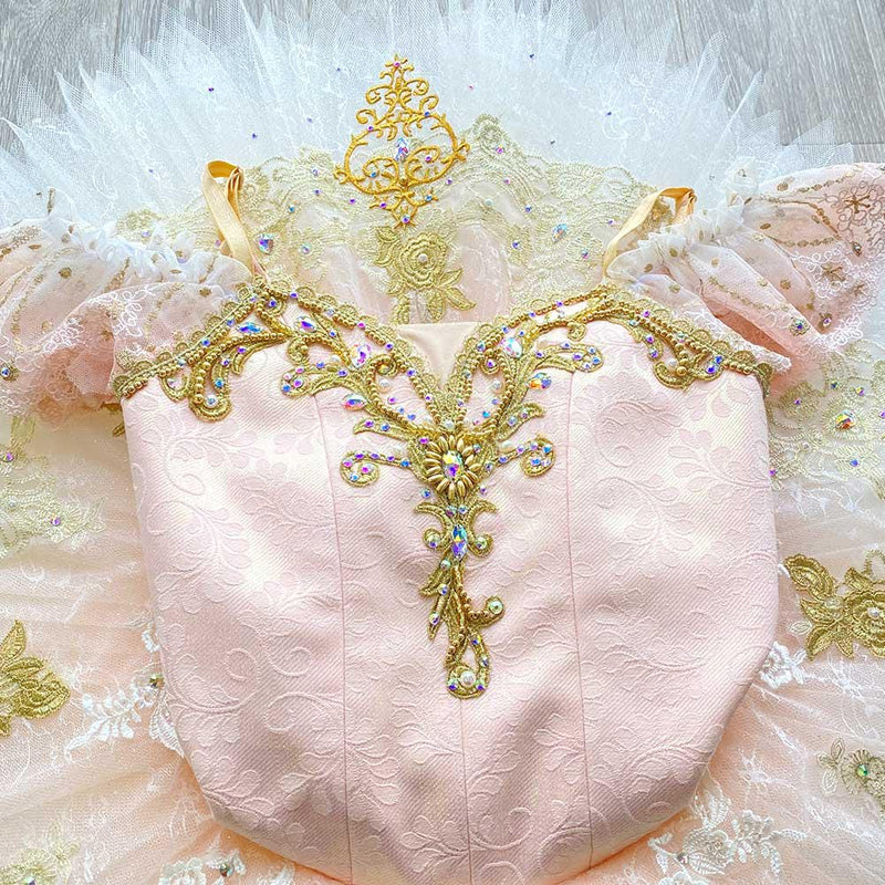 Custom Professional Ballet Tutu with Delicate Pink Satin and Gold Embellishments