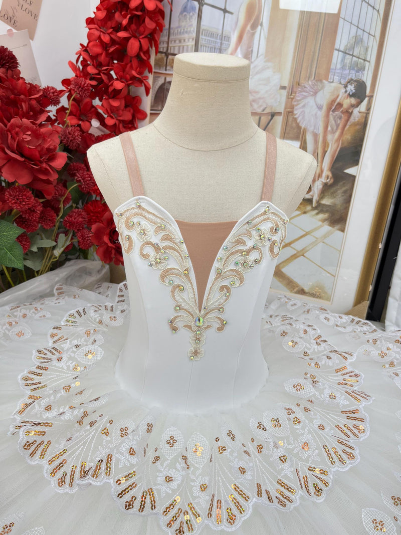 White Ballet Tutu: Gold Embroidered Stretch Costume