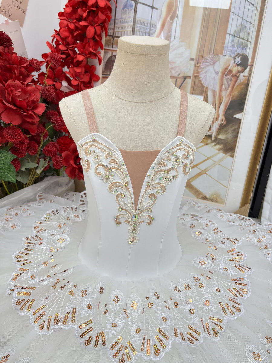 White Ballet Tutu: Gold Embroidered Stretch Costume