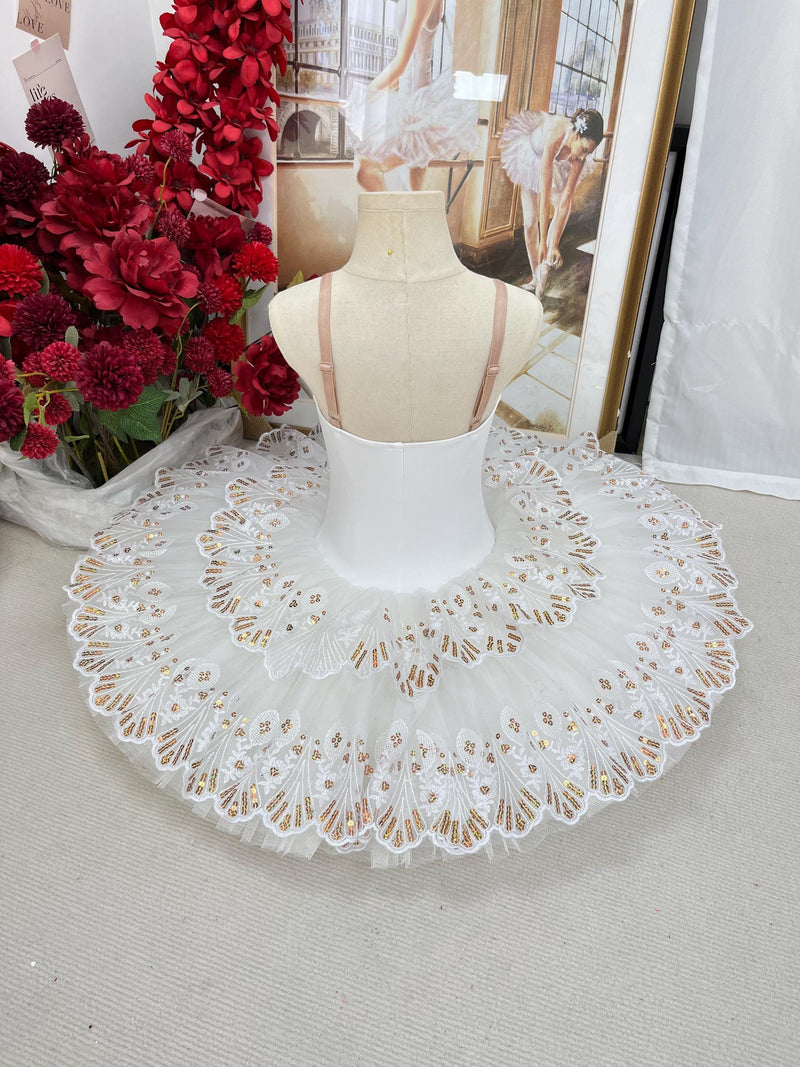 White Ballet Tutu: Gold Embroidered Stretch Costume