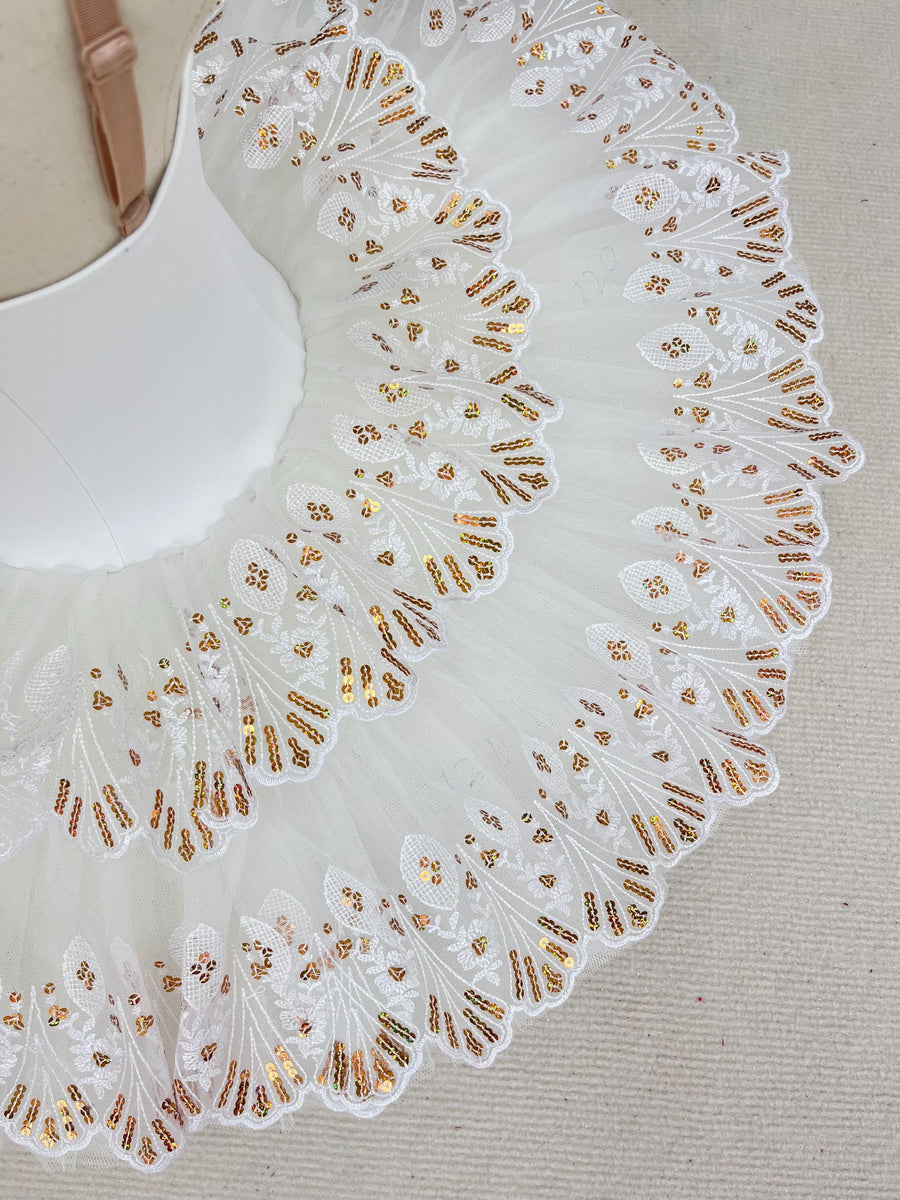 White Ballet Tutu: Gold Embroidered Stretch Costume
