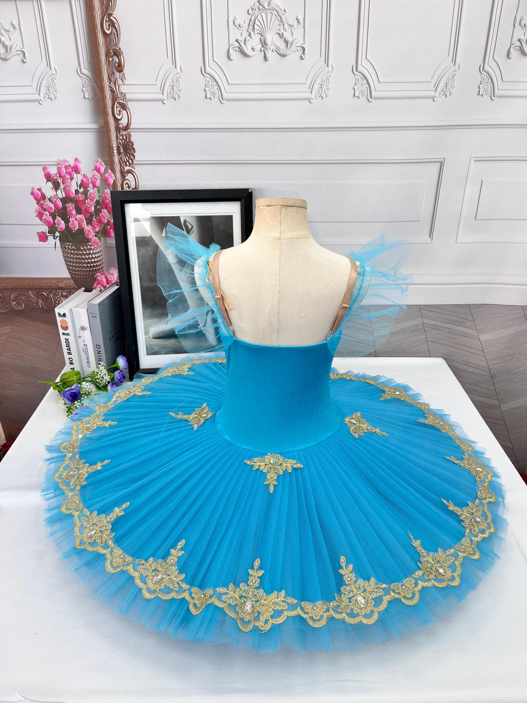 Blue Velvet Top Ballet Tutu Dress: Gold Embroidery, Stretchy Practice Dancewear