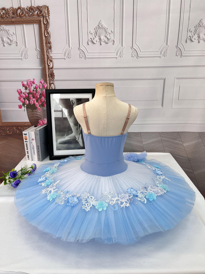Handmade Swan Lake Ballet Gown: Lace Embroidery, Floral Design, Gradient Colors