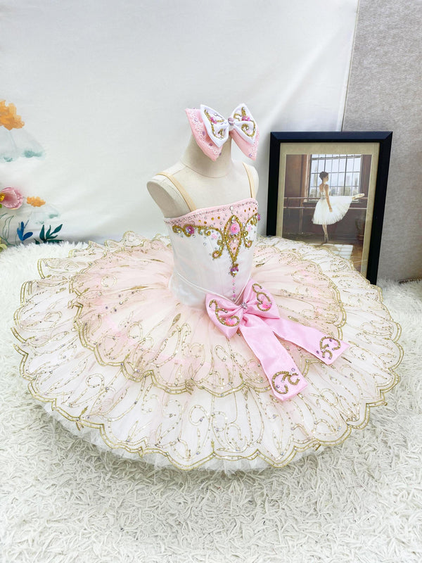 Pink Fairy Ballet Dress: Gold Embroidery, Bow Tutu - Professional Competition