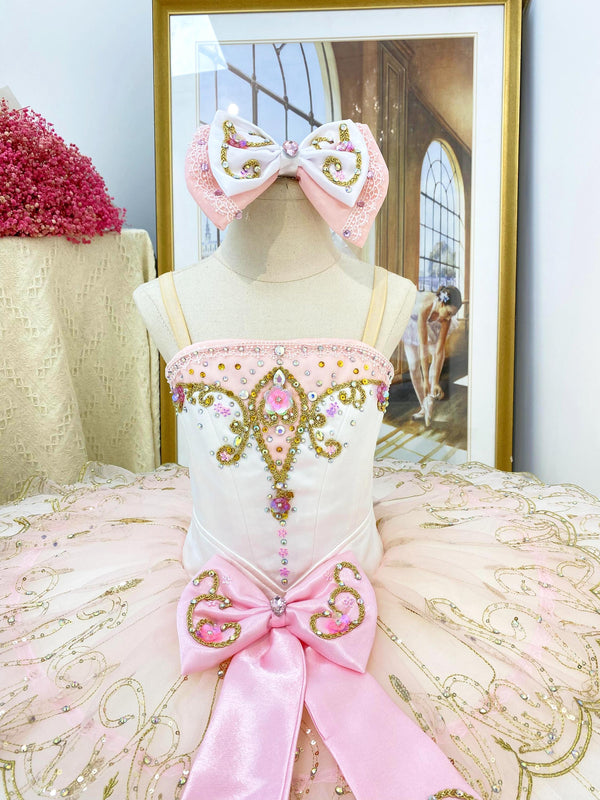 Pink Fairy Ballet Dress: Gold Embroidery, Bow Tutu - Professional Competition