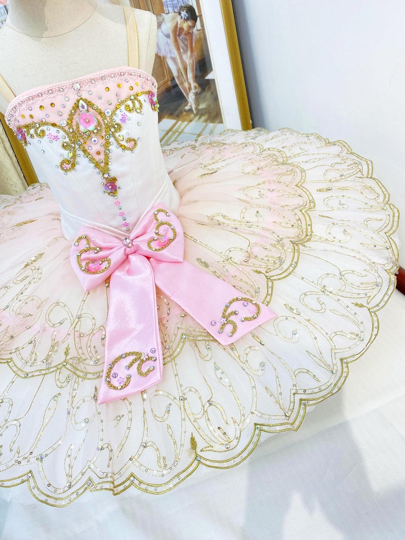 Pink Fairy Ballet Dress: Gold Embroidery, Bow Tutu - Professional Competition