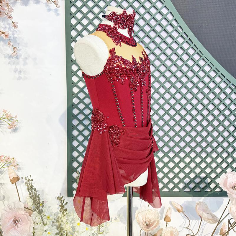 Custom Contemporary Costume Red Lyrical Dance Costume: Pearl & Crystal Embellished Performance Dress