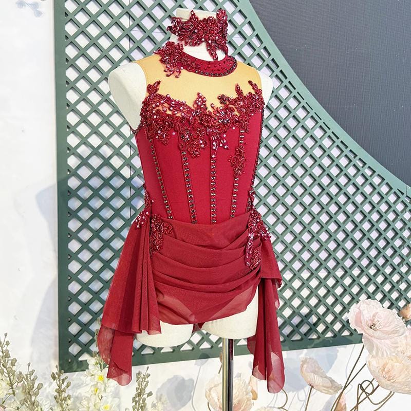 Custom Contemporary Costume Red Lyrical Dance Costume: Pearl & Crystal Embellished Performance Dress