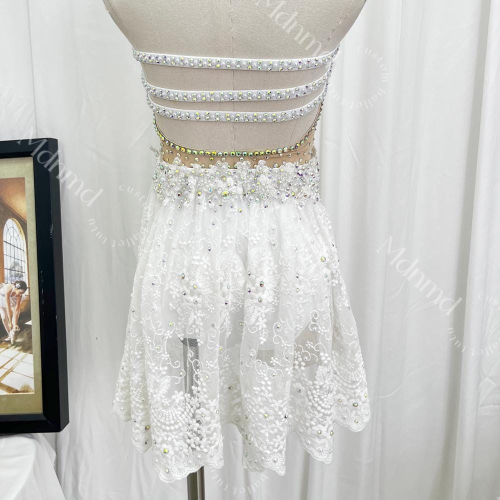 Handmade Contemporary Costume White Lyrical Dance Costume: Pearl Crystal Solo Ballet Dress