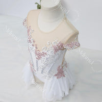 Handmade Contemporary Costume Lyrical Dance Costume: White & Pink Solo Dress with Gold Details