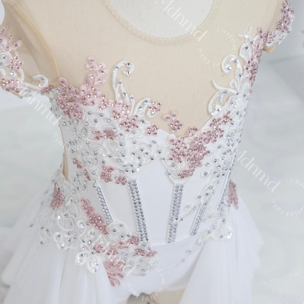 Handmade Contemporary Costume Lyrical Dance Costume: White & Pink Solo Dress with Gold Details