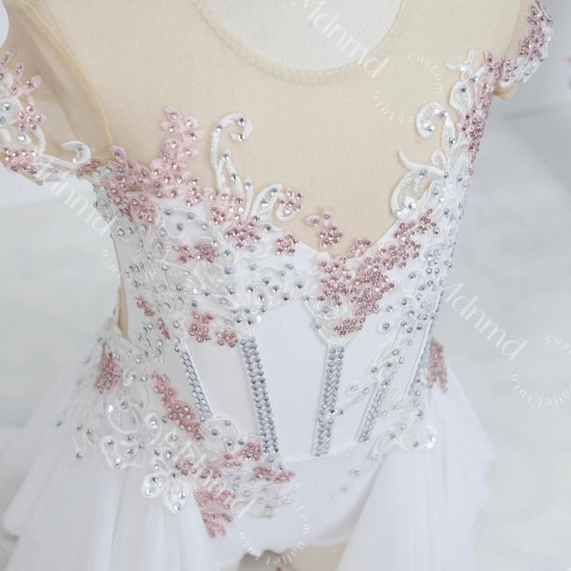 Handmade Contemporary Costume Lyrical Dance Costume: White & Pink Solo Dress with Gold Details