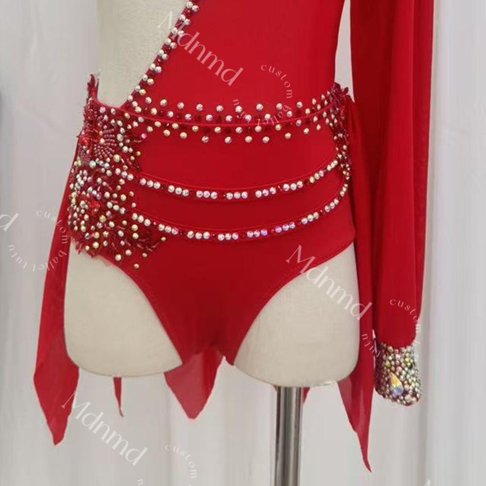 Custom Red Lyrical Dance Costume - Crystal Embellished, Contemporary Freestyle