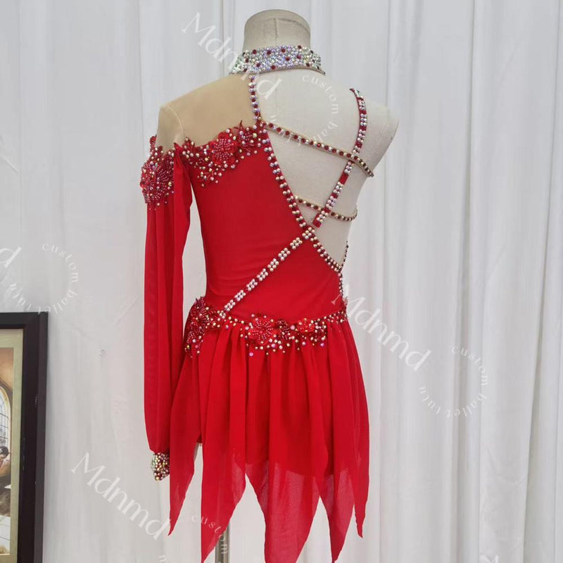 Custom Red Lyrical Dance Costume - Crystal Embellished, Contemporary Freestyle