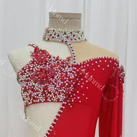 Custom Red Lyrical Dance Costume - Crystal Embellished, Contemporary Freestyle