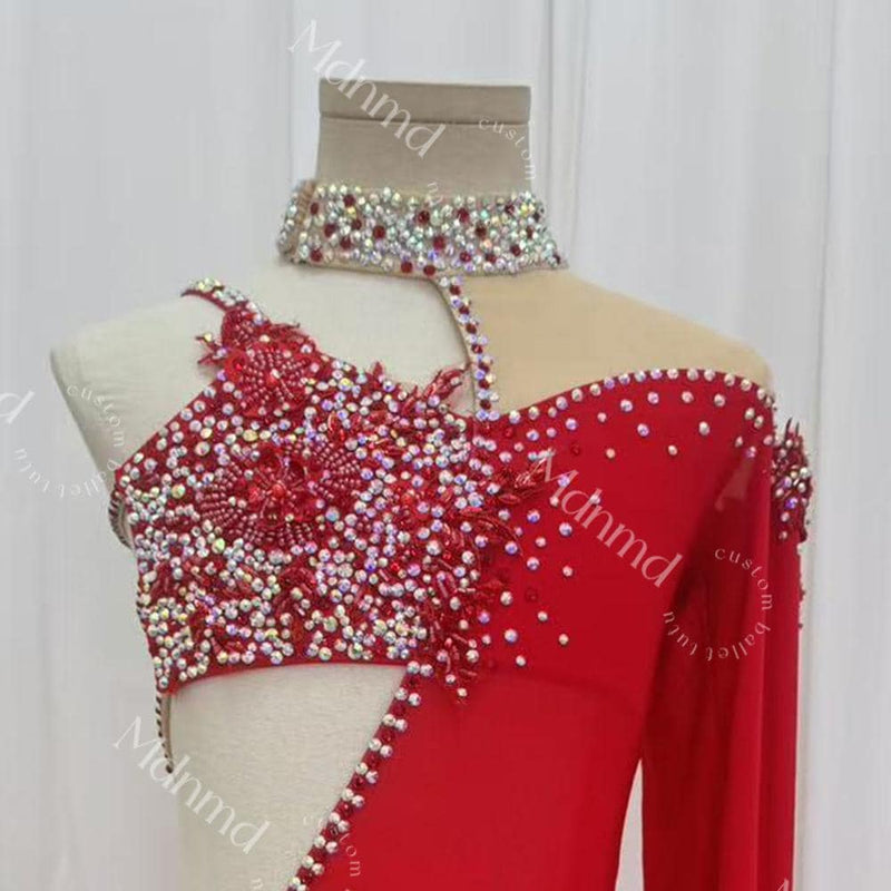 Custom Red Lyrical Dance Costume - Crystal Embellished, Contemporary Freestyle