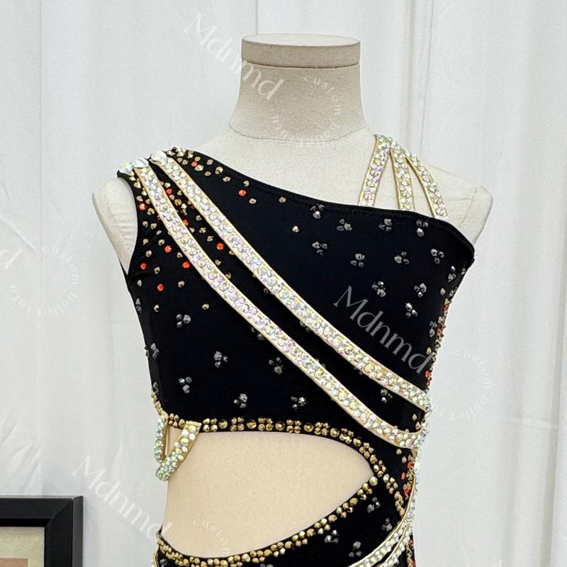 Custom-Made Black Fringe Freestyle Solo Lyrical Jazz Dance Costume - Handmade Contemporary Costume