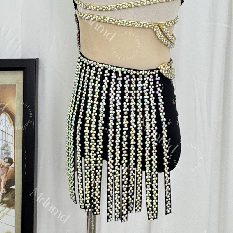 Custom-Made Black Fringe Freestyle Solo Lyrical Jazz Dance Costume - Handmade Contemporary Costume