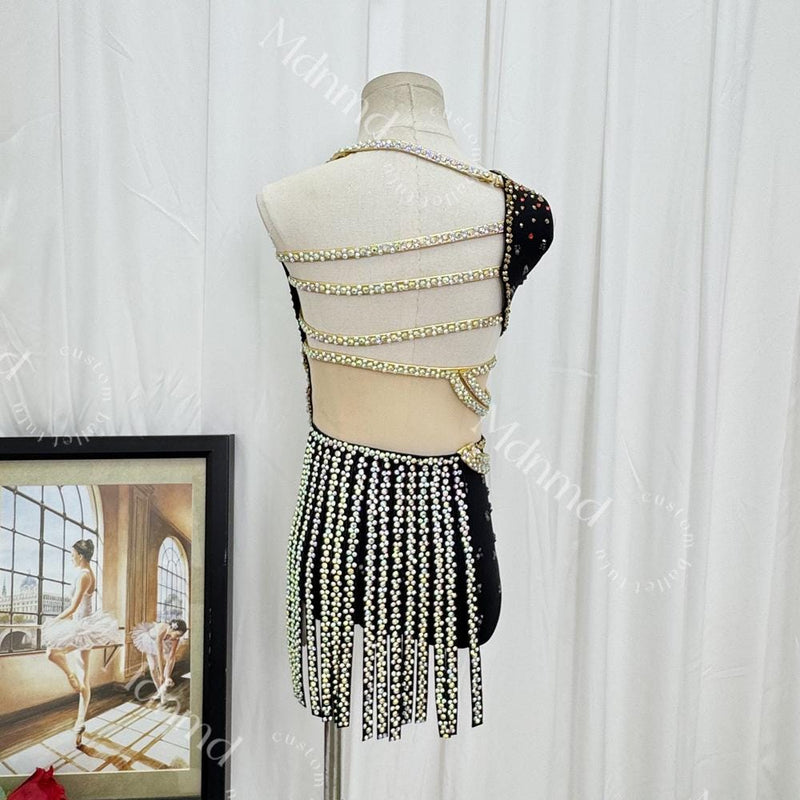 Custom-Made Black Fringe Freestyle Solo Lyrical Jazz Dance Costume - Handmade Contemporary Costume