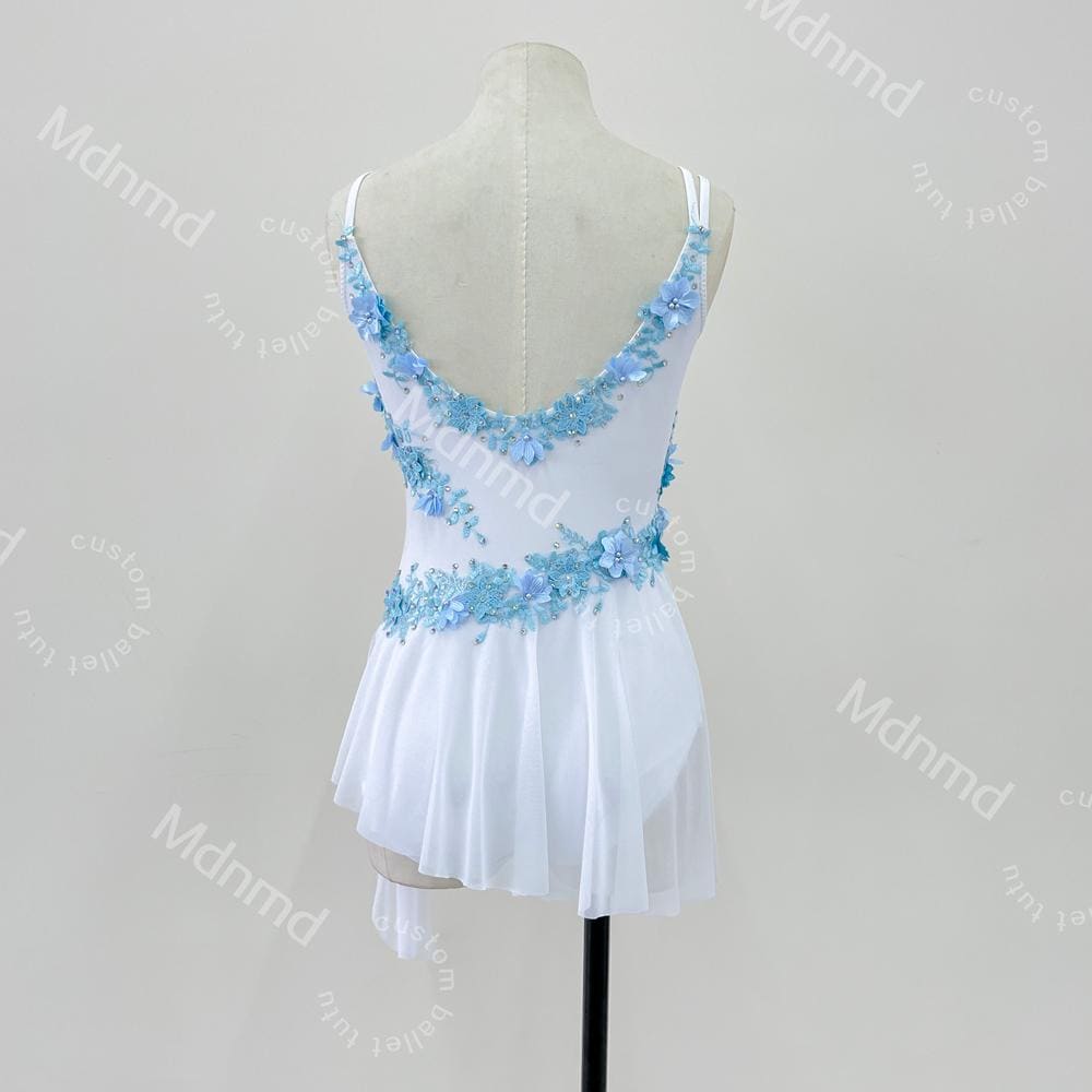 Custom Contemporary Costume Lyrical Dance Costume: White & Blue Floral Diamond Dress Handmade