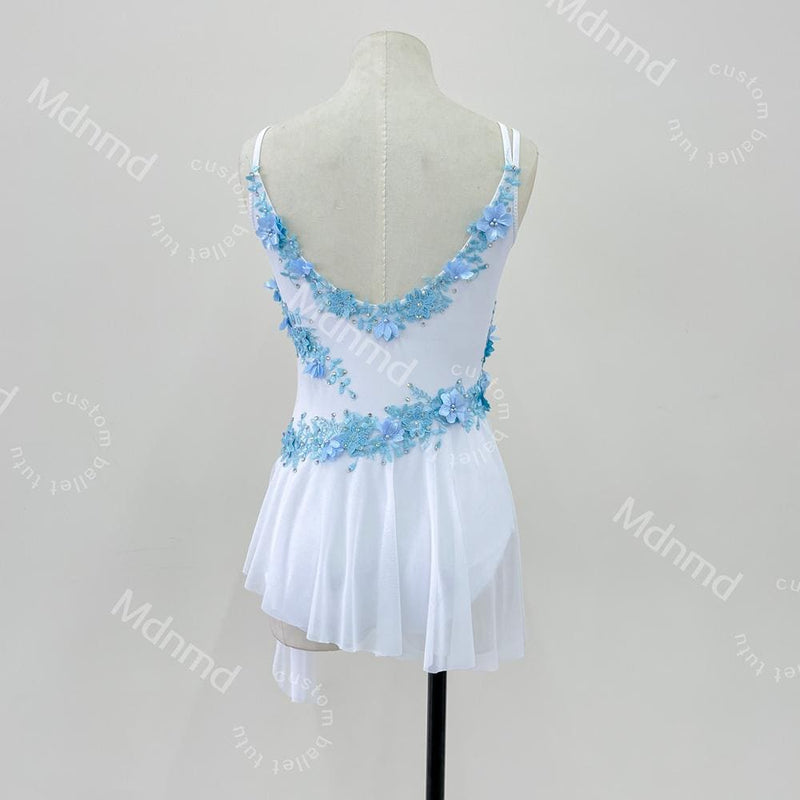 Custom Contemporary Costume Lyrical Dance Costume: White & Blue Floral Diamond Dress Handmade