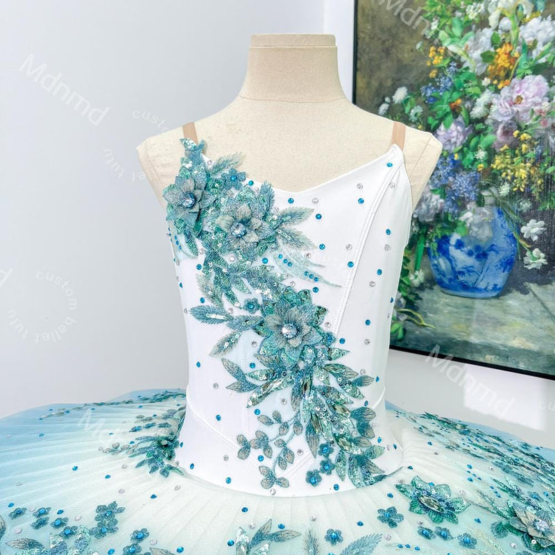 Handmade Light Blue Ombre Ballet Tutu Dress: Embroidered Flower Ballerina Costume