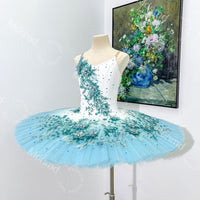 Handmade Light Blue Ombre Ballet Tutu Dress: Embroidered Flower Ballerina Costume
