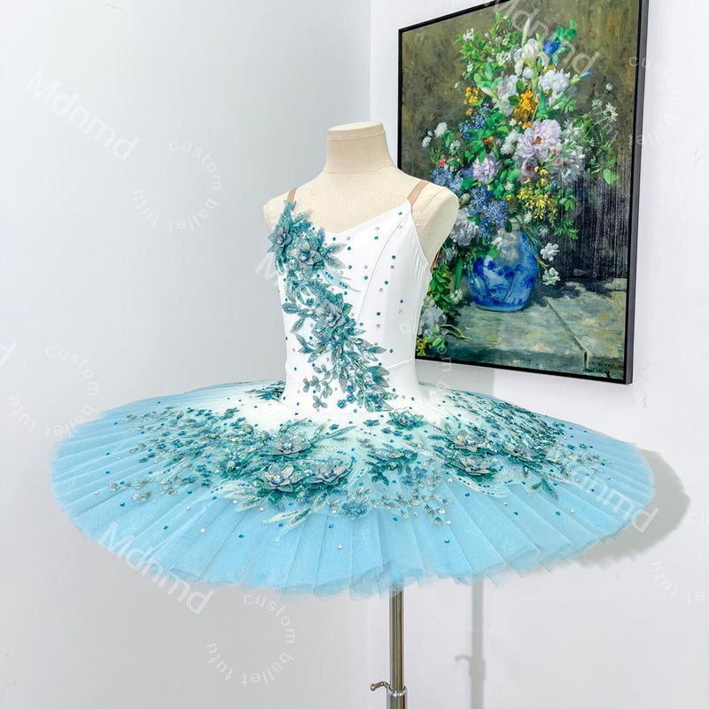 Handmade Light Blue Ombre Ballet Tutu Dress: Embroidered Flower Ballerina Costume