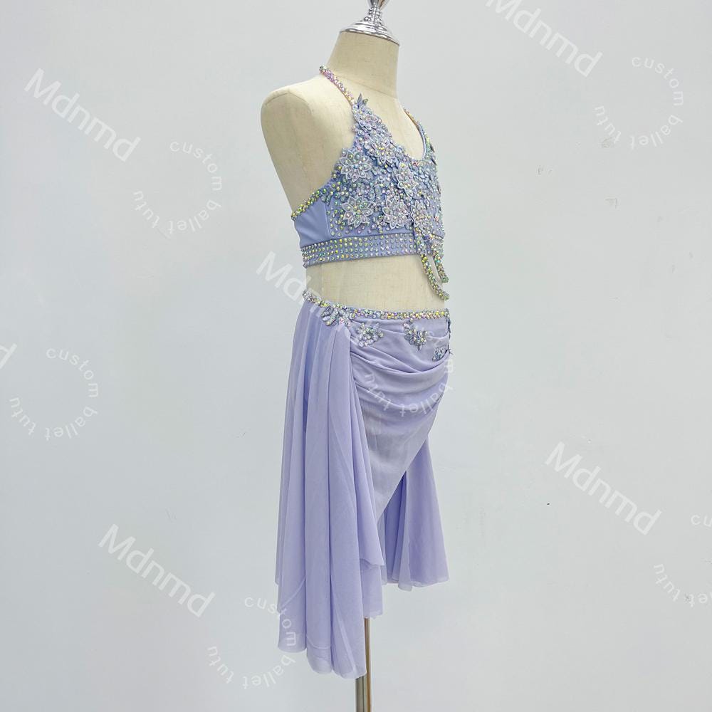 Custom Handmade Violet Freestyle Solo Lyrical Dance Costume with PearlDazzle Crystal Embellishments Contemporary Costume