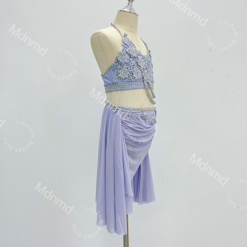 Custom Handmade Violet Freestyle Solo Lyrical Dance Costume with PearlDazzle Crystal Embellishments Contemporary Costume